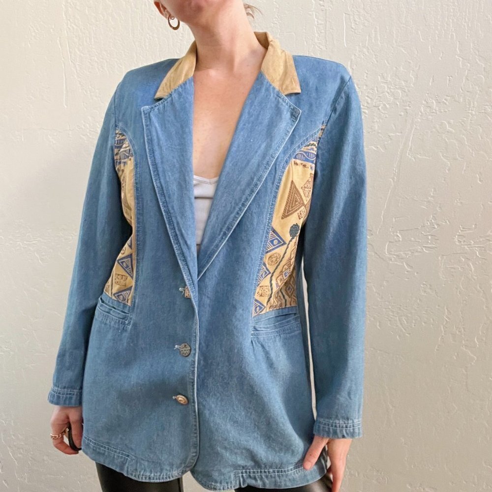 Vintage 1980's Denim Faux Suede Embroidered Western Blazer Jacket - Picture 5 of 7